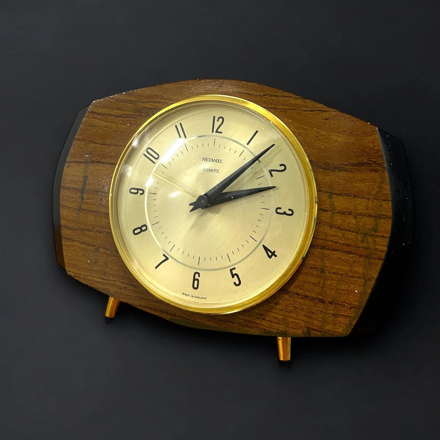 Mid Century Metamec Wood and Brass Table Clock