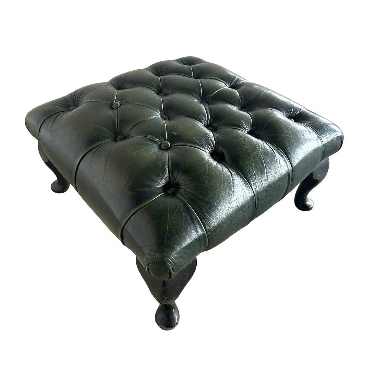 Mid Century Modern Dark Green Leather Chesterfield Foot Stool