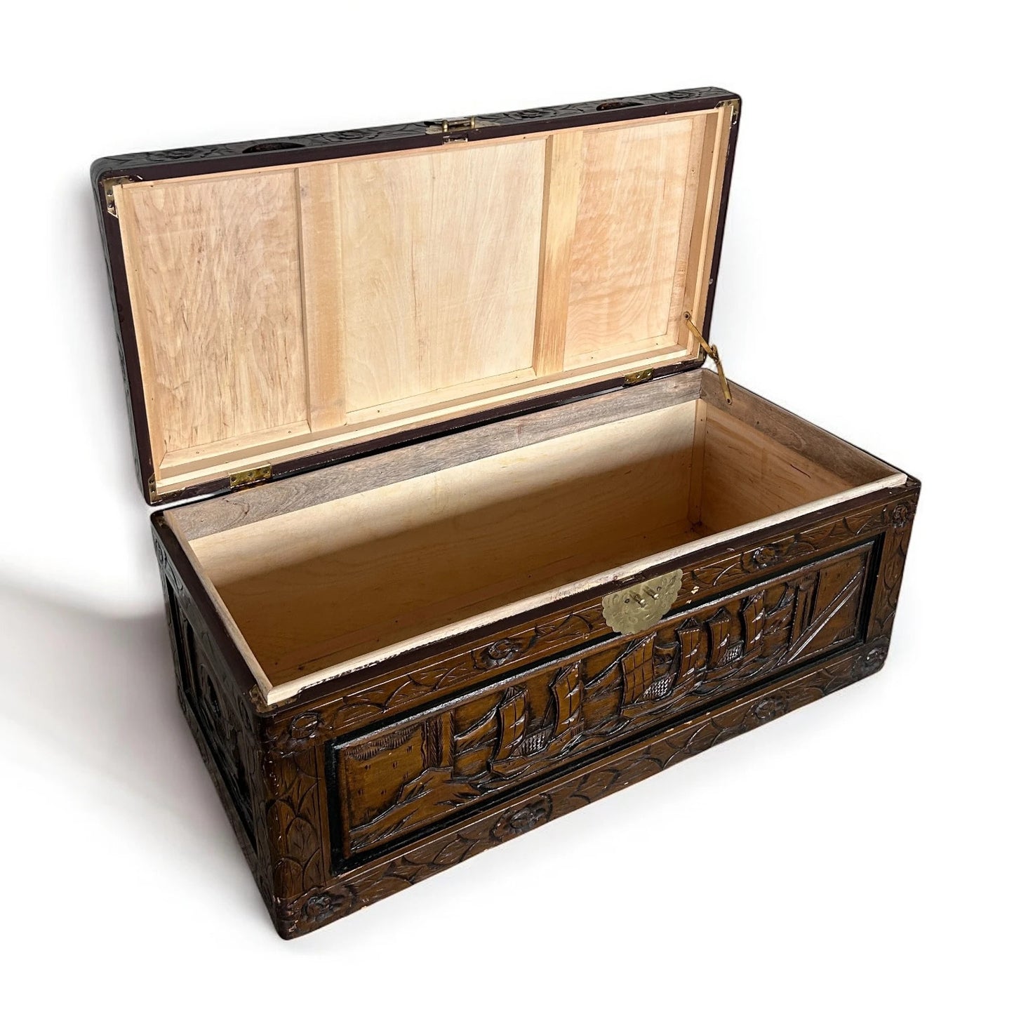 Mid Century Modern Chinese Camphor Wood Carved Storage Treasure Chest