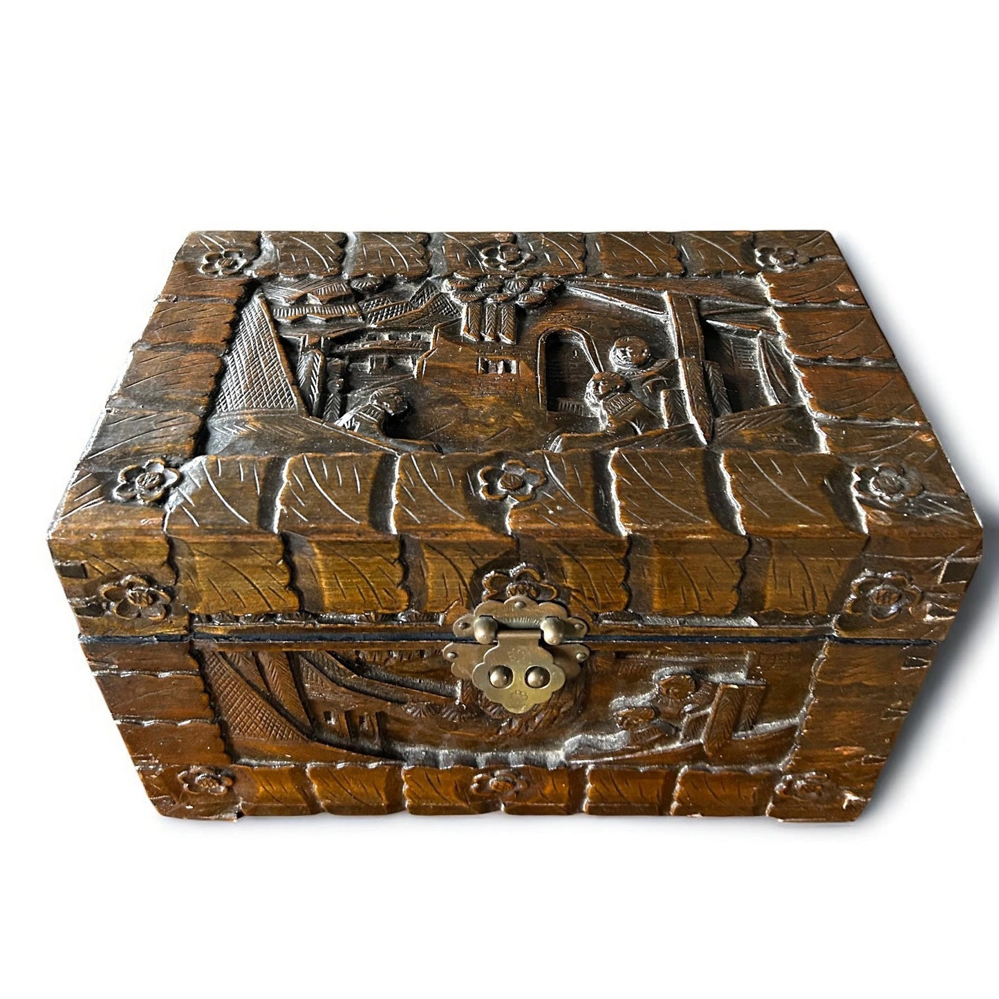 Mid Century Chinese Carved Camphor Wood Sewing Box