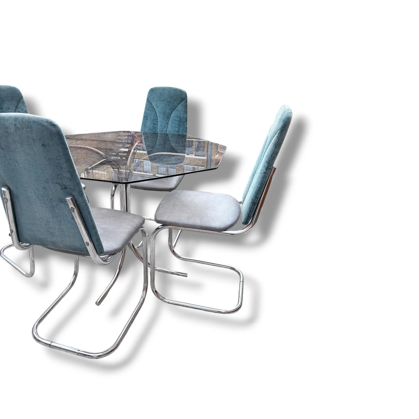 Vintage Chrome & Glass Hexagonal Dining Set | 1970s Space Age Table + 4 Blue Velvet Chairs