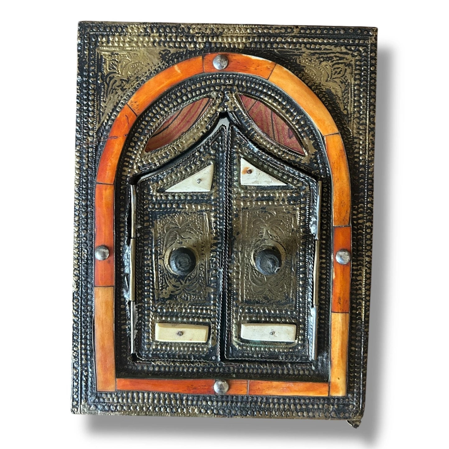 Vintage 1970s Brass and Bone Moroccan Window Mirror