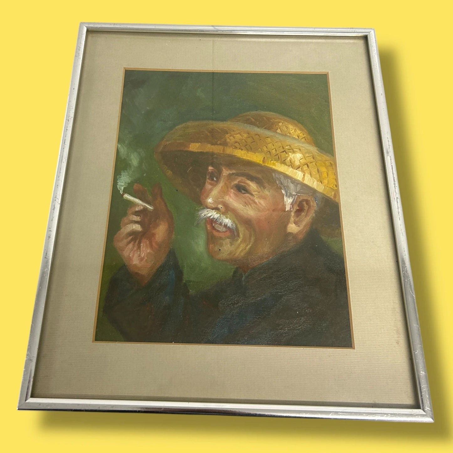 Vintage 1970s Chinese Old Man Oil Painting