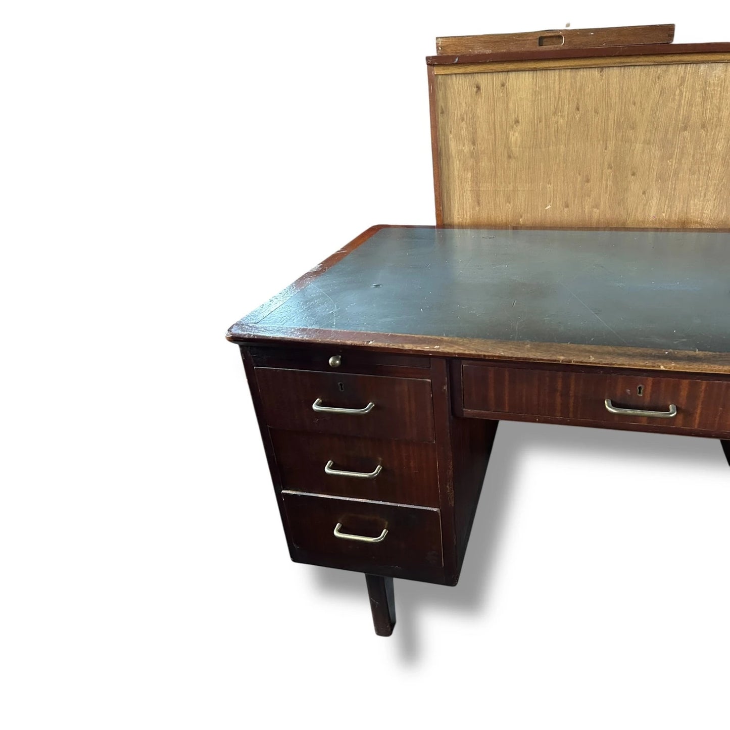 Mid Century Modern Leather-Top Wood Office Desk | Vintage Executive Desk with Sliding Inserts