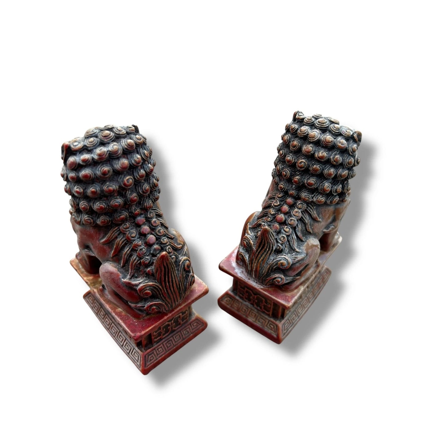 Vintage 1980s Pair of Burgundy Resin Chinese Foo Dog Statues