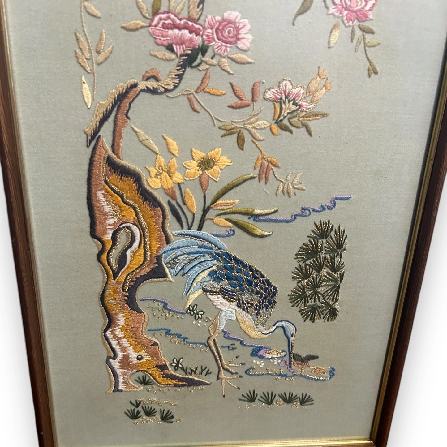 Vintage 1970s Chinese Birds Textile Framed Art