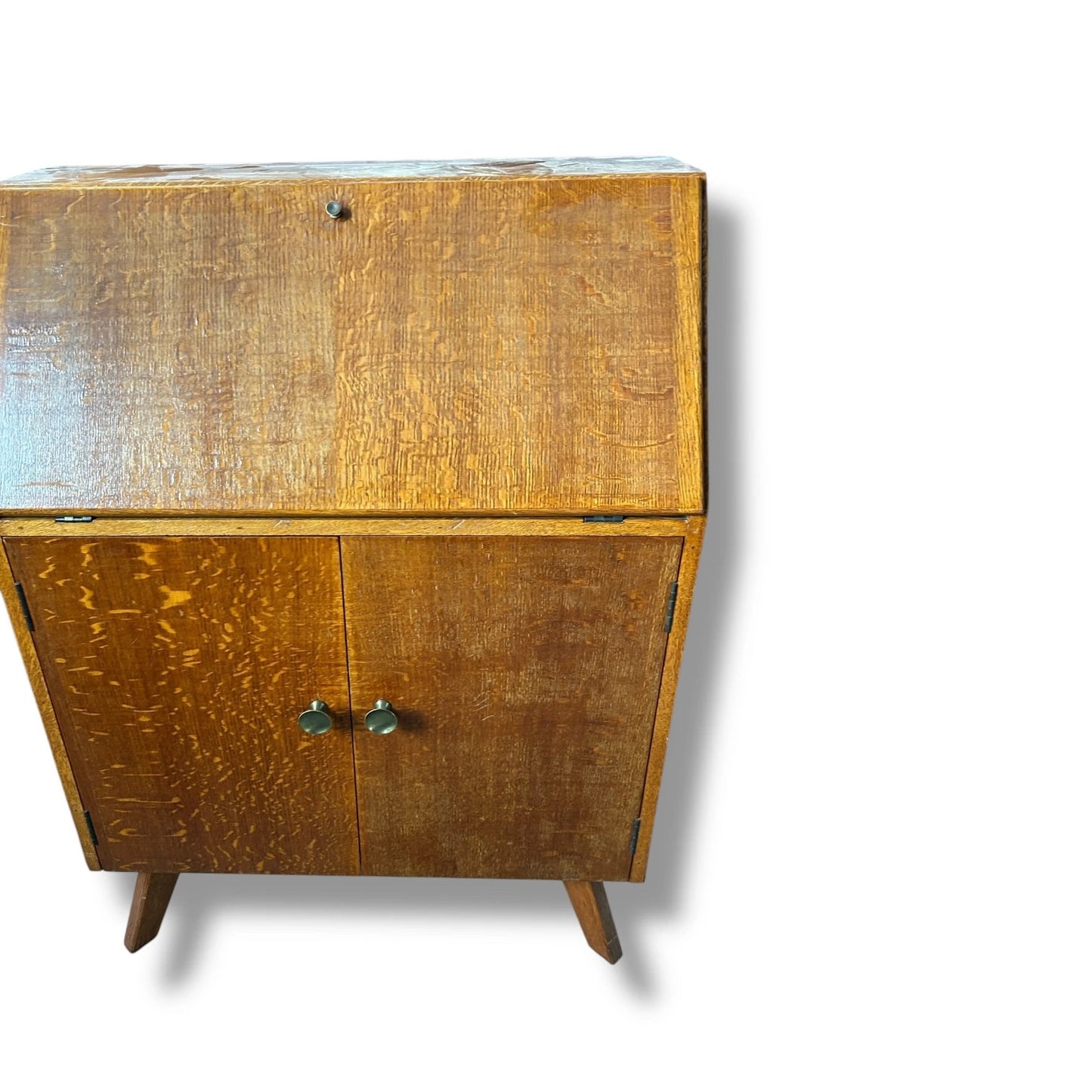 Mid Century Modern Oak Bureau Desk Cabinet | Vintage Drop-Front Writing Desk with Storage Drawers