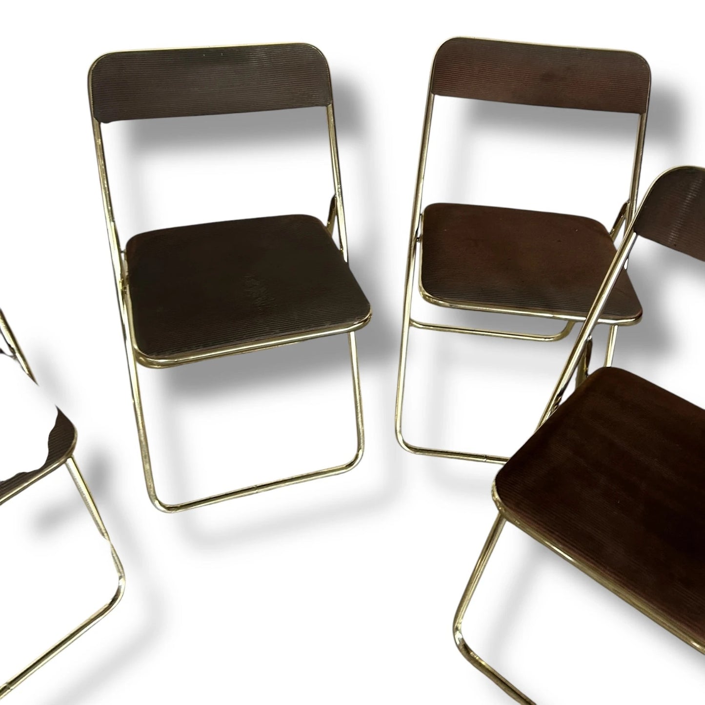 Set of 4 Vintage Mid Century Brass Folding Chairs – Brown Upholstered Dining Chairs
