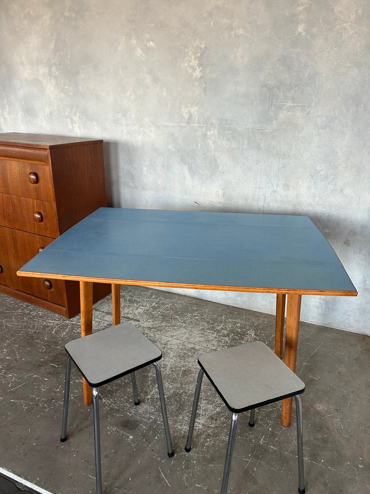 Mid Century Modern Blue Formica Drop Leaf Extendable Dining Table