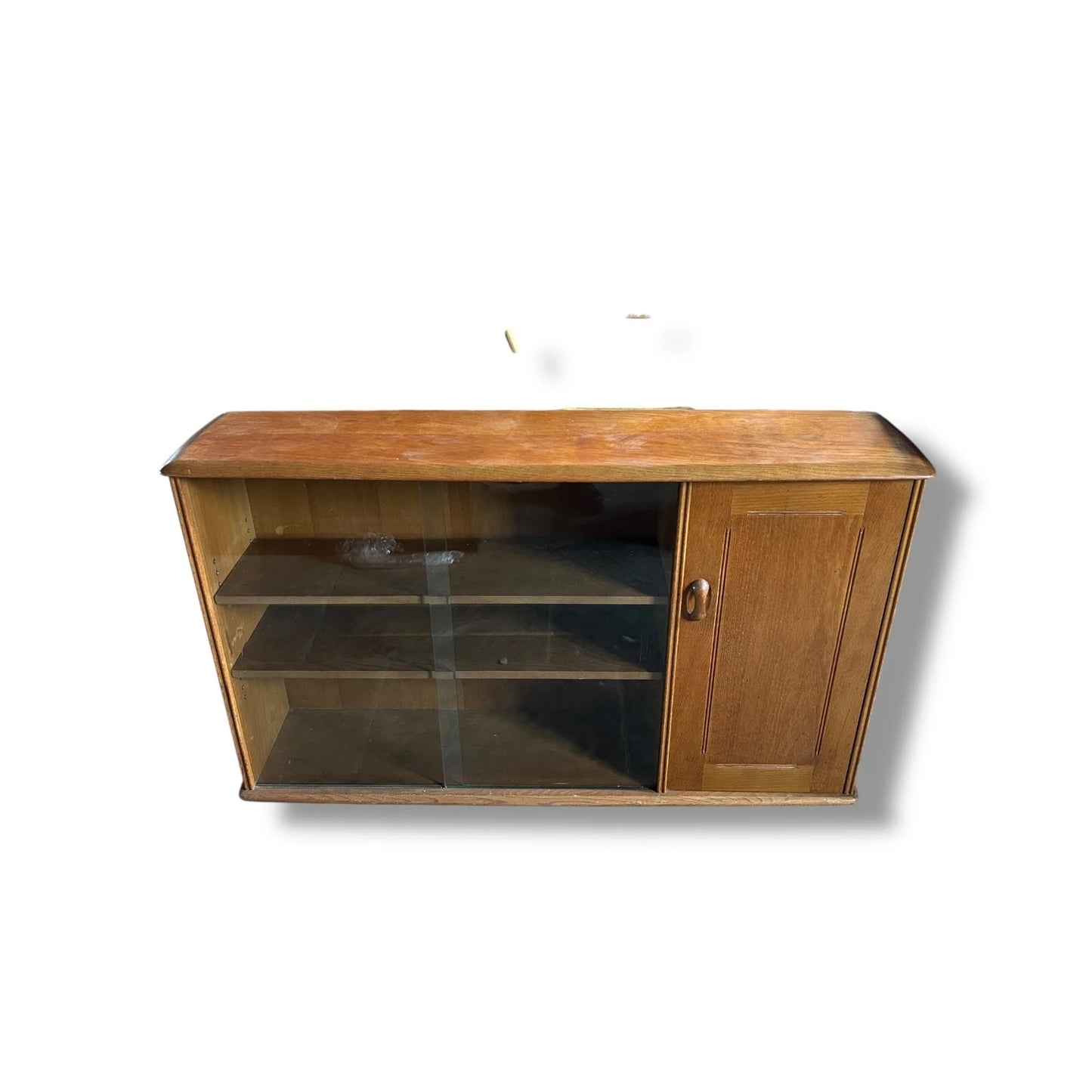 Midcentury Solid Oak Bookcase with Sliding Glass Doors | 1960s Priory Cabinet, Ercol Style
