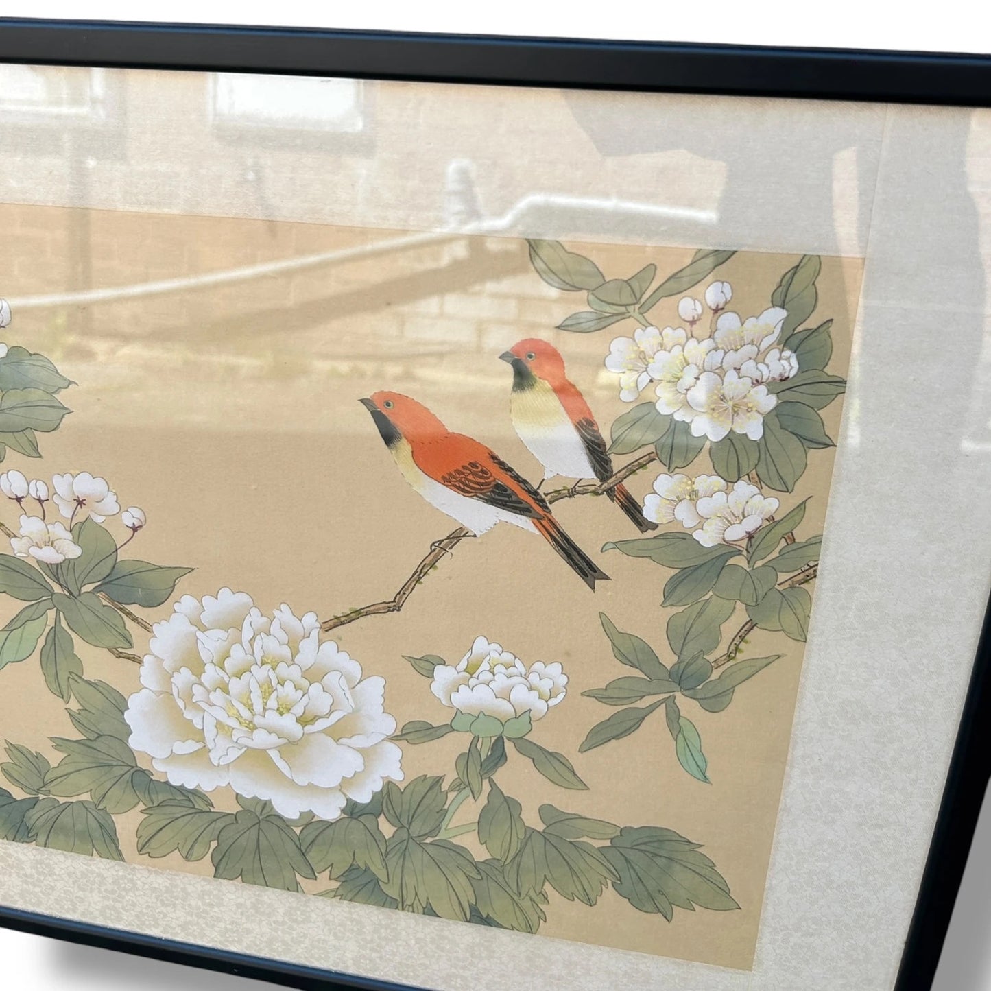 Vintage 1960s Chinese Birds Nature Floral Silk Art Framed Painting