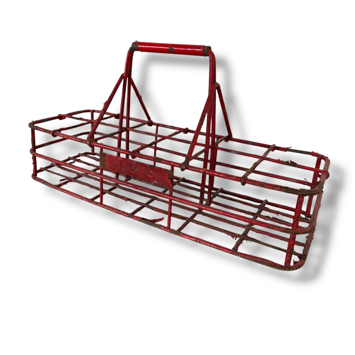 Vintage French Red Metal Milk Bottle Rack – Industrial Farmhouse Bottle Carrier