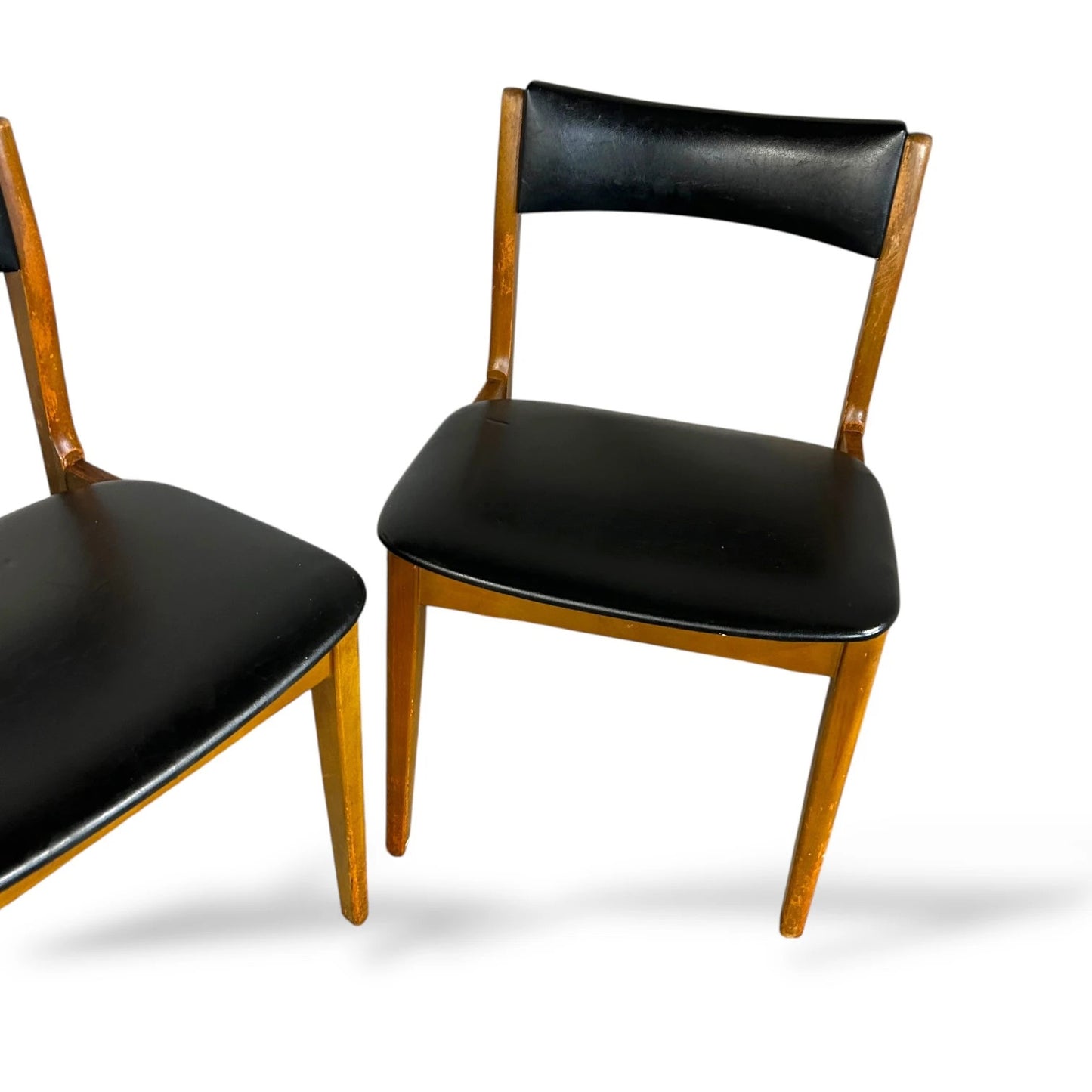 Mid Century Teak Dining Chairs – Set of 2 Vintage Black Vinyl Chairs