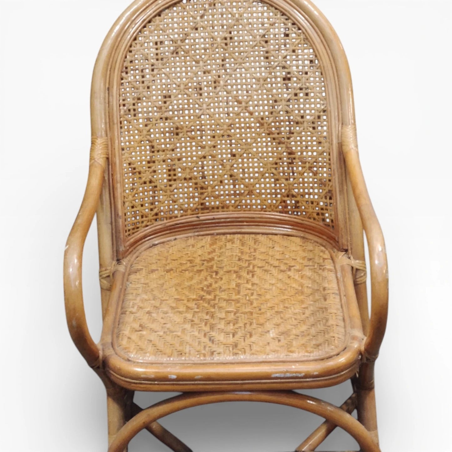 Boho Bamboo Armchair - Vintage 1970s Rattan Woven Seat Coastal Style Chair