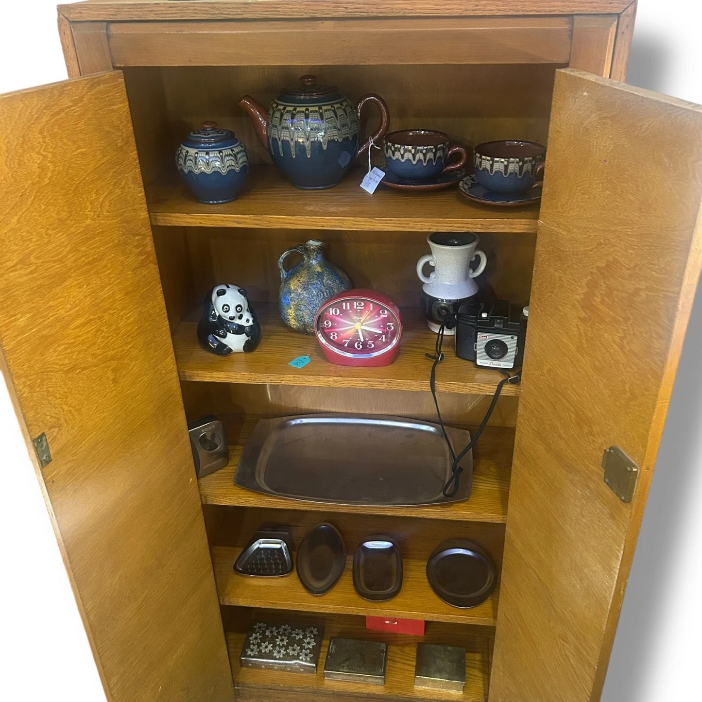 Mid Century Oak & Walnut Storage Cabinet – Vintage Cupboard with Shelves | Compact Side Unit