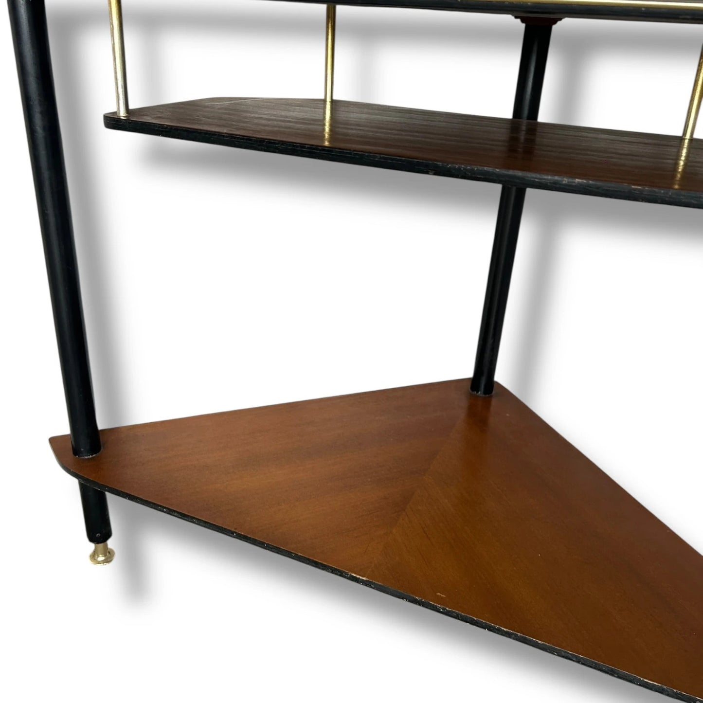 Mid Century Modern Formica and Teak Triangular Corner Shelf Unit