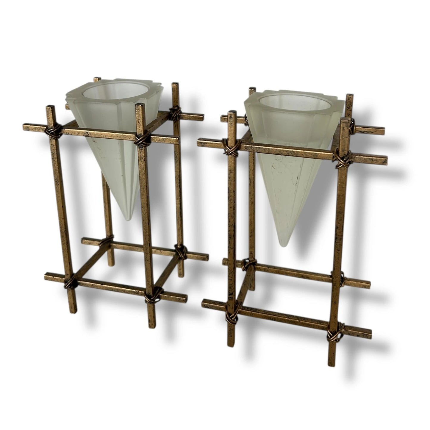 Pair of French Brass & Frosted Glass Candle Holders – Mid Century Modern Geometric Votive Stands