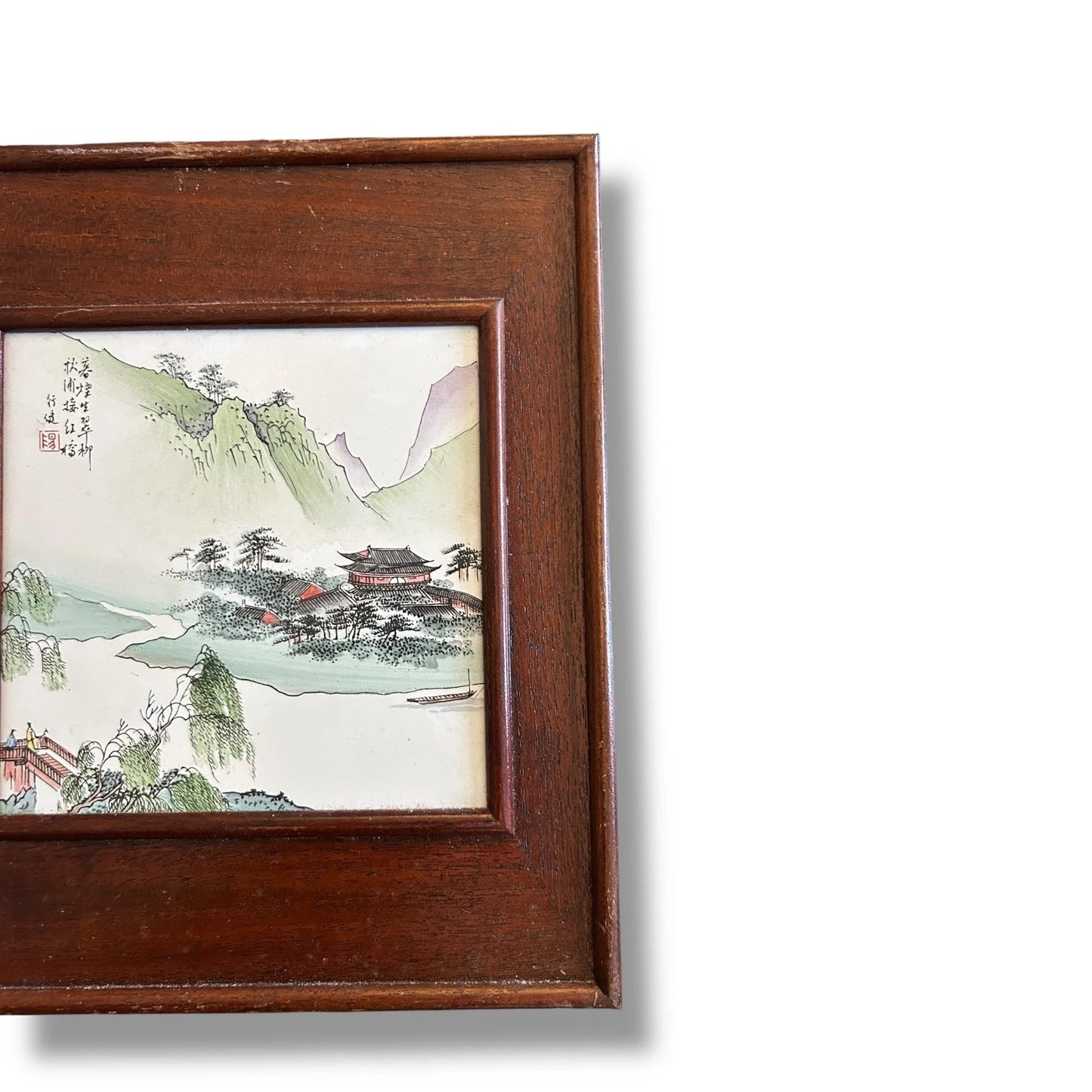 Vintage Chinese Hand-Painted Porcelain Tile Plaque in Rosewood Frame – Scenic Landscape Wall Art