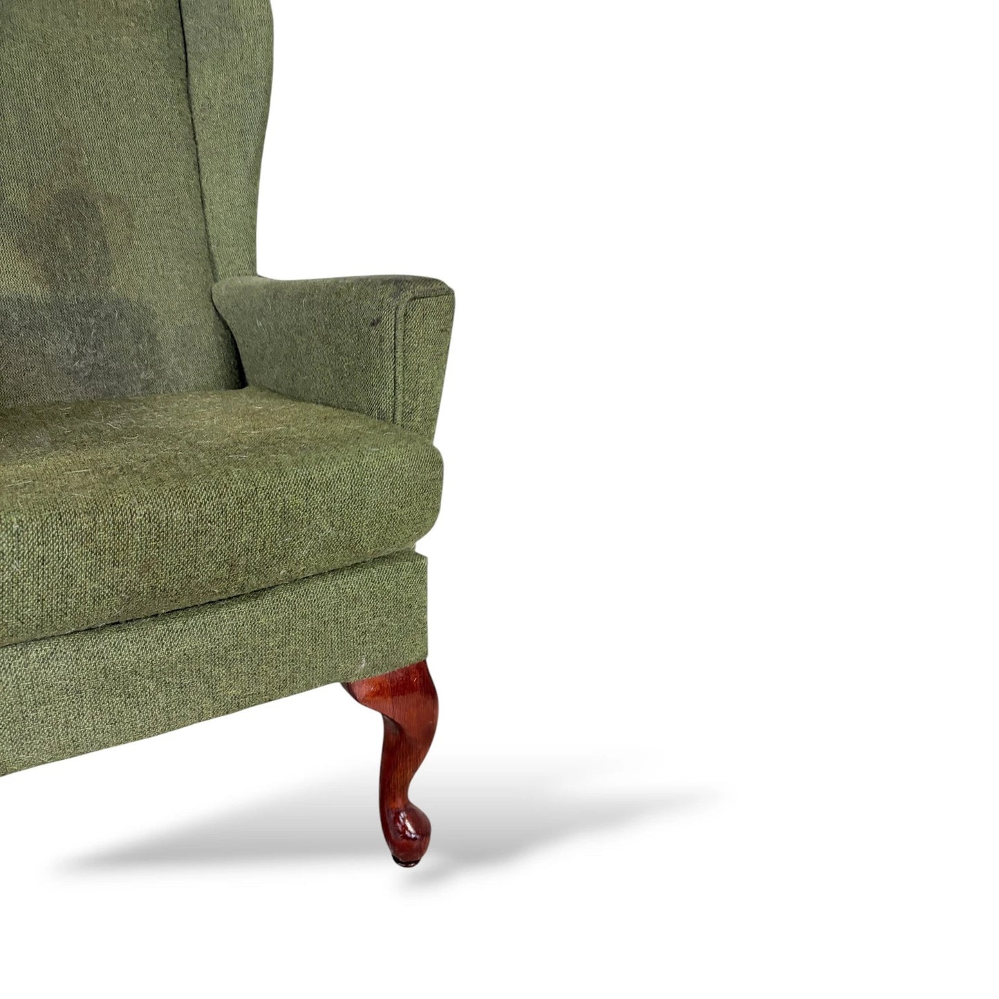 Vintage Green Upholstered Wingback Armchair with Cabriole Legs