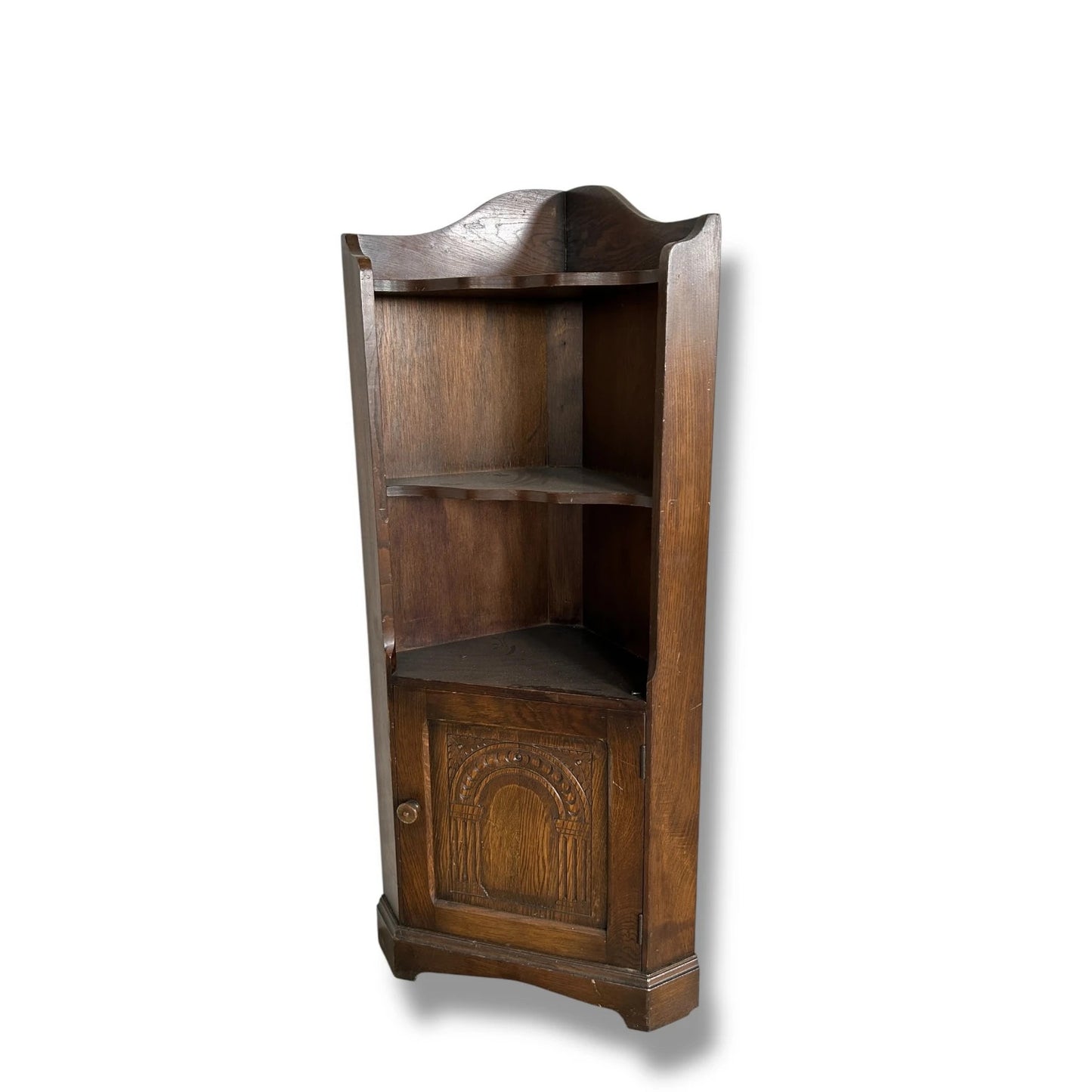 Antique Dark Oak Wood Corner Cabinet Shelving Unit
