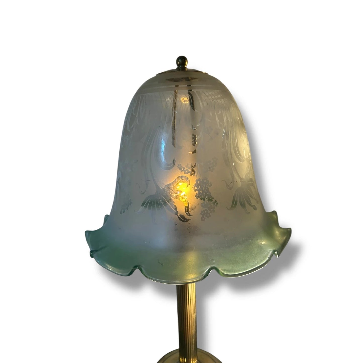 Mid-Century Vaseline Glass Bell Lamp Shade with Brass Base