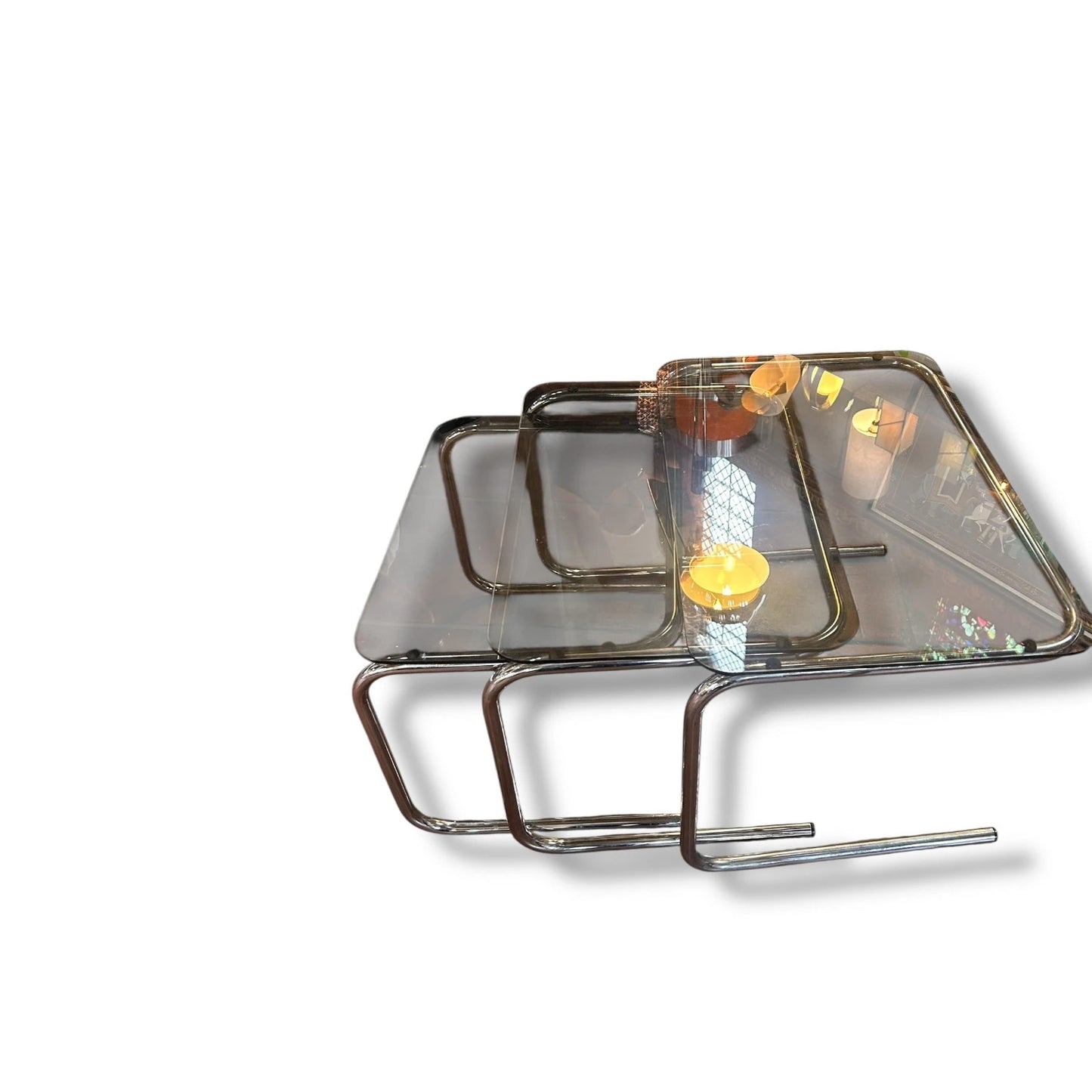 Mid Century Smoked Glass and Chrome Tubular Nest of Tables