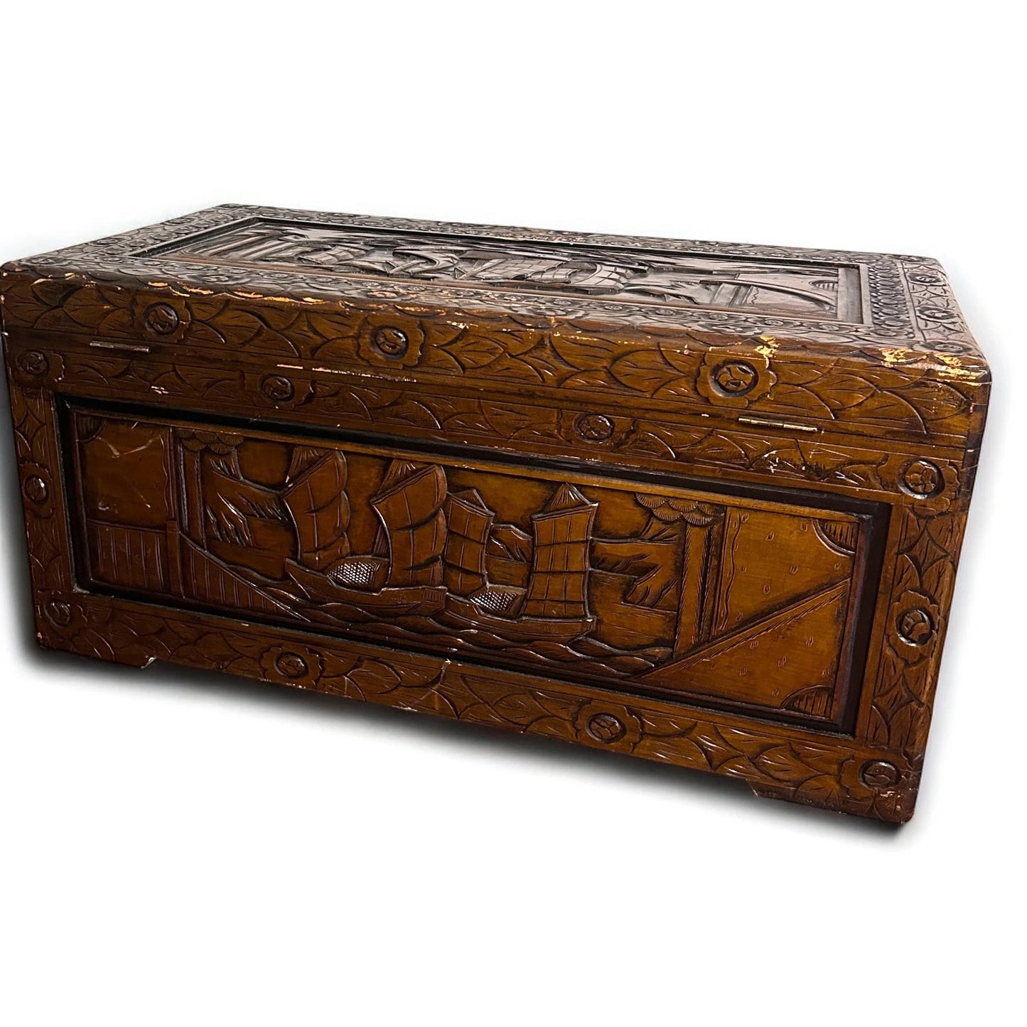 Mid Century Modern Chinese Camphor Wood Carved Storage Treasure Chest