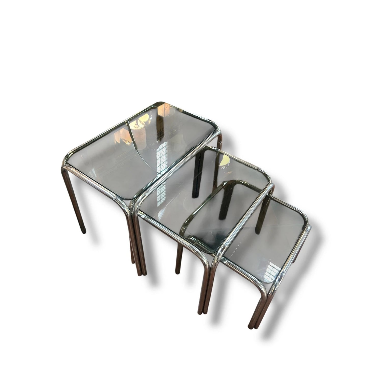 Mid Century Modern Smoked Glass and Chrome Nest of Tables