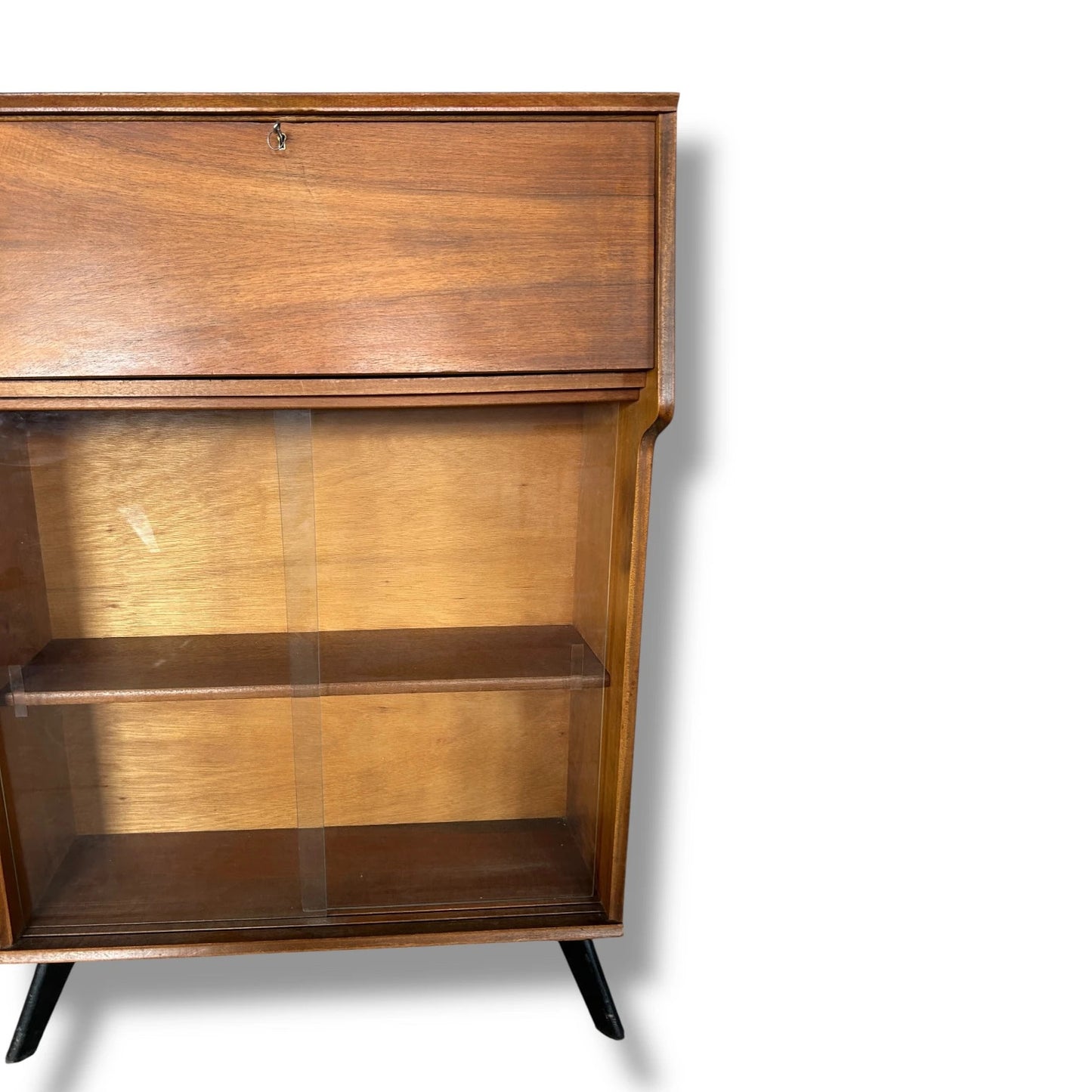 Mid-Century Avalon Bureau – Vintage Writing Desk with Glass Bookcase Storage