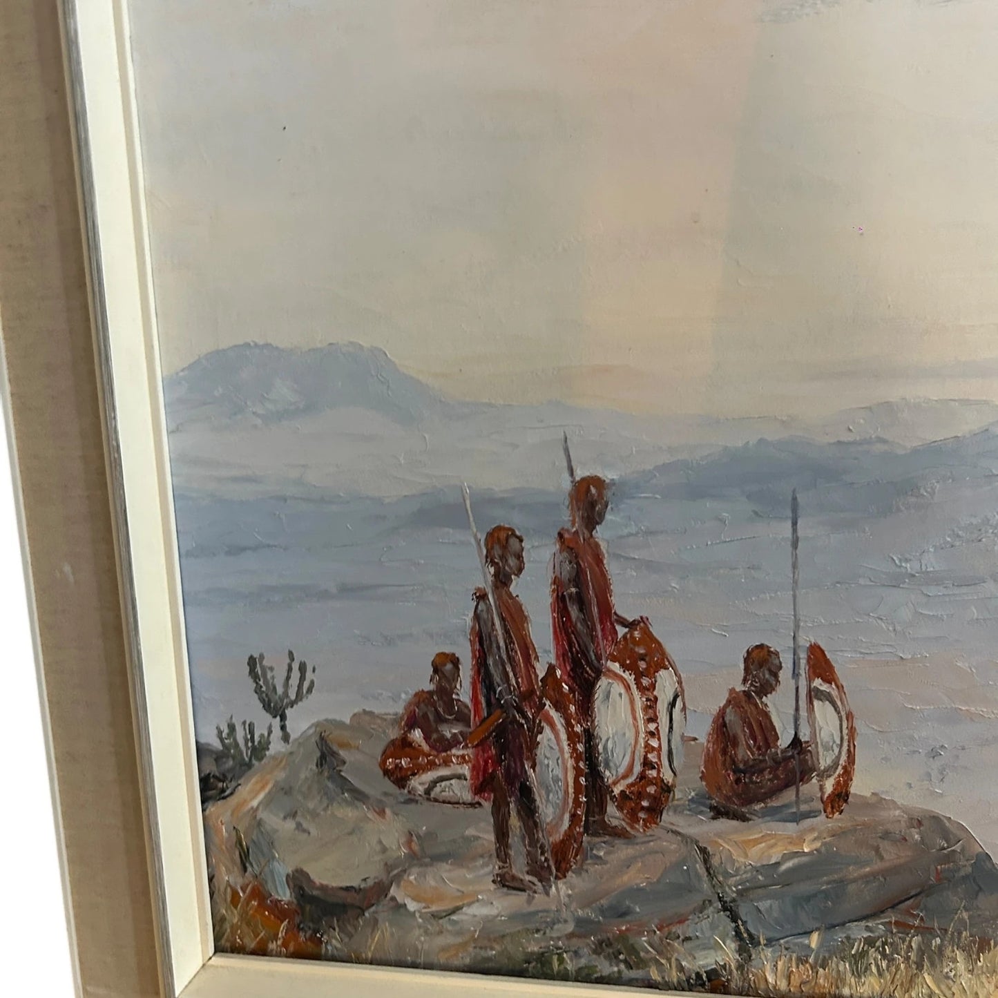 Mid Century Kenyan Maasai Warriors Landscape Framed Painting