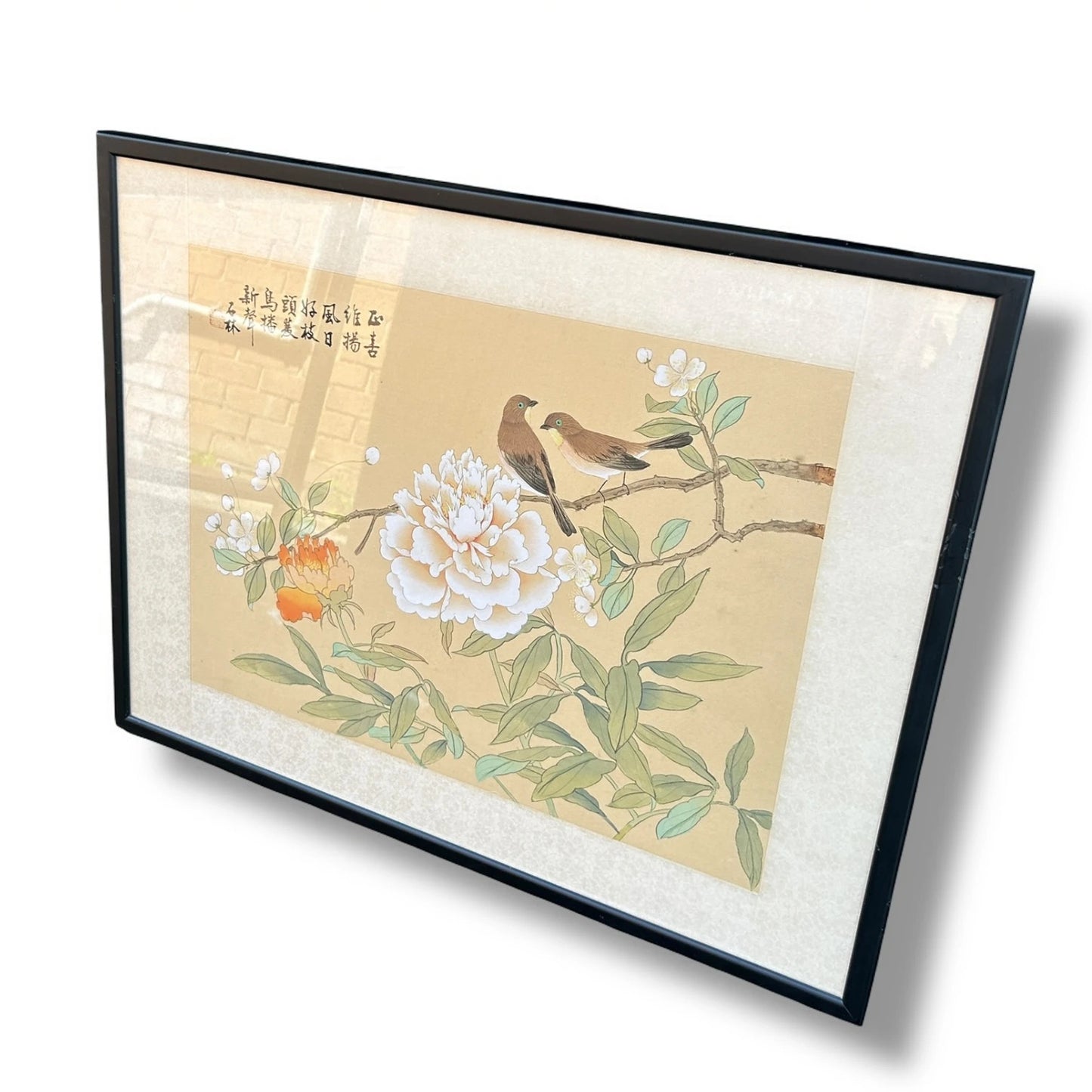 Vintage 1960s Chinese Birds Nature Silk Art Framed Painting