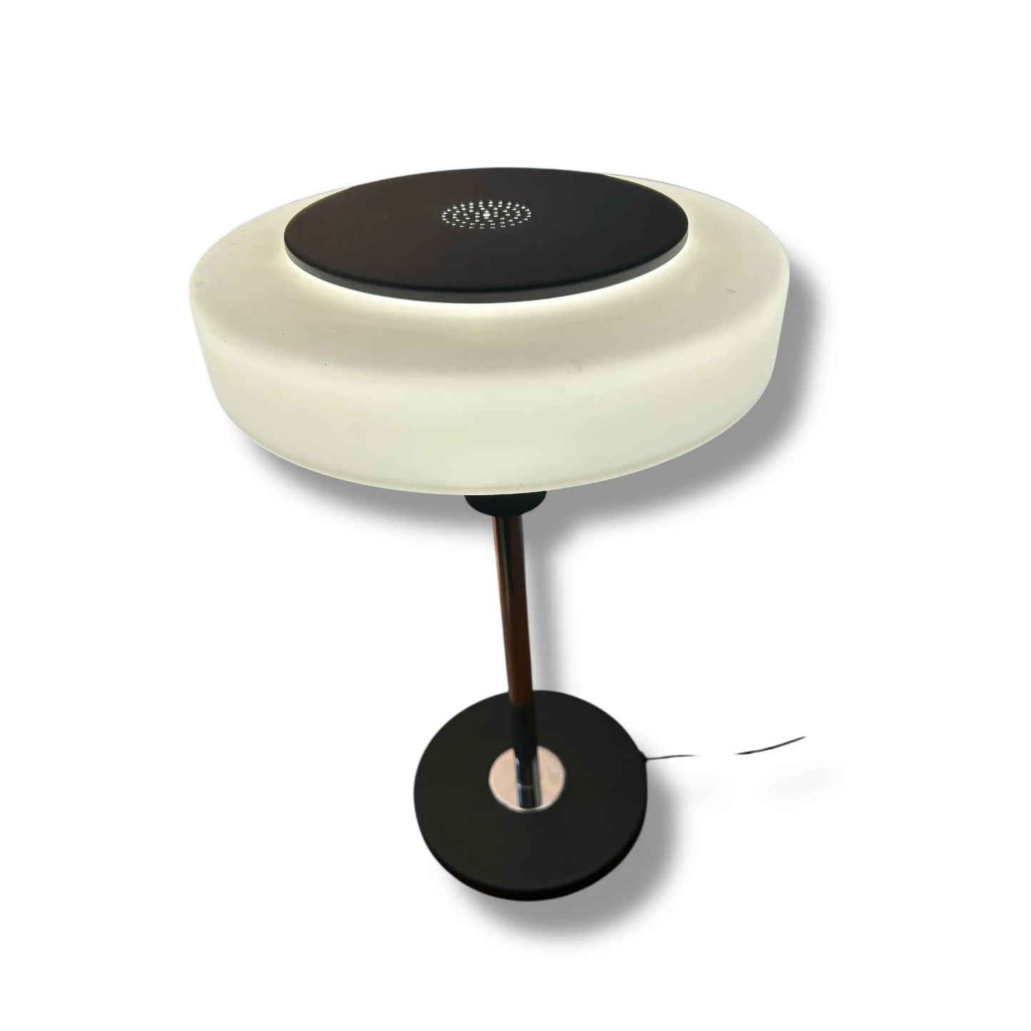 Mid Century Danish Mushroom Table Lamp | Chrome/Black Base & White Glass Shade