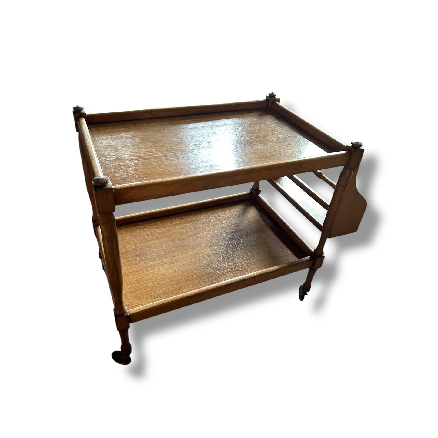 Vintage Oak Drinks Trolley with Bamboo Detail & Magazine Rack – Mid Century Bar Cart