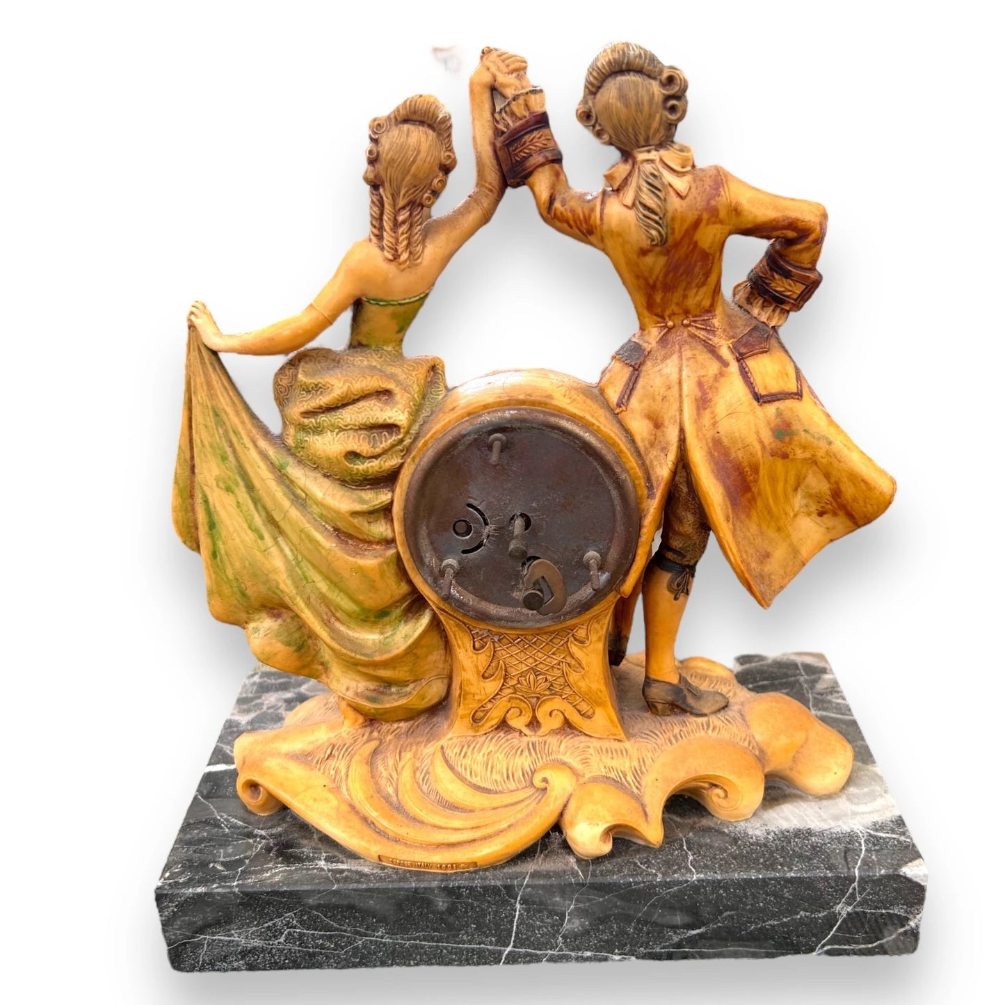 Vintage West Germany Resin Figural Clock Carrara Marble Base