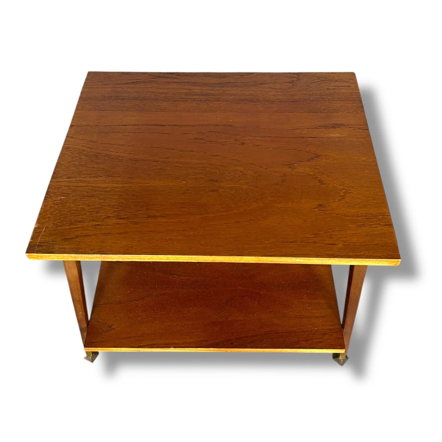 Mid Century Modern Danish Teak Wood Two Tiered Shelving Side Table