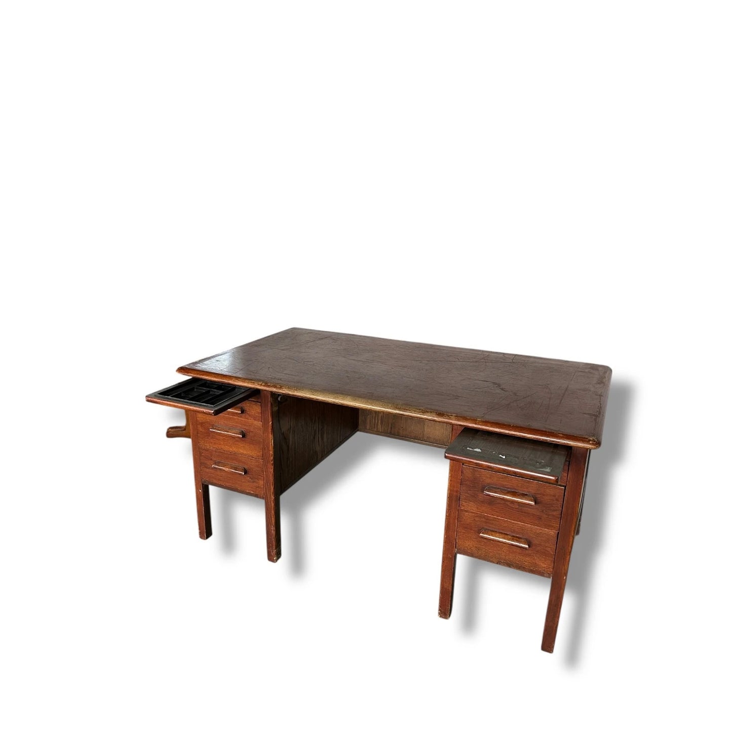 Vintage 1940s Abbess Oak Teacher’s Desk – Double Pedestal School Desk