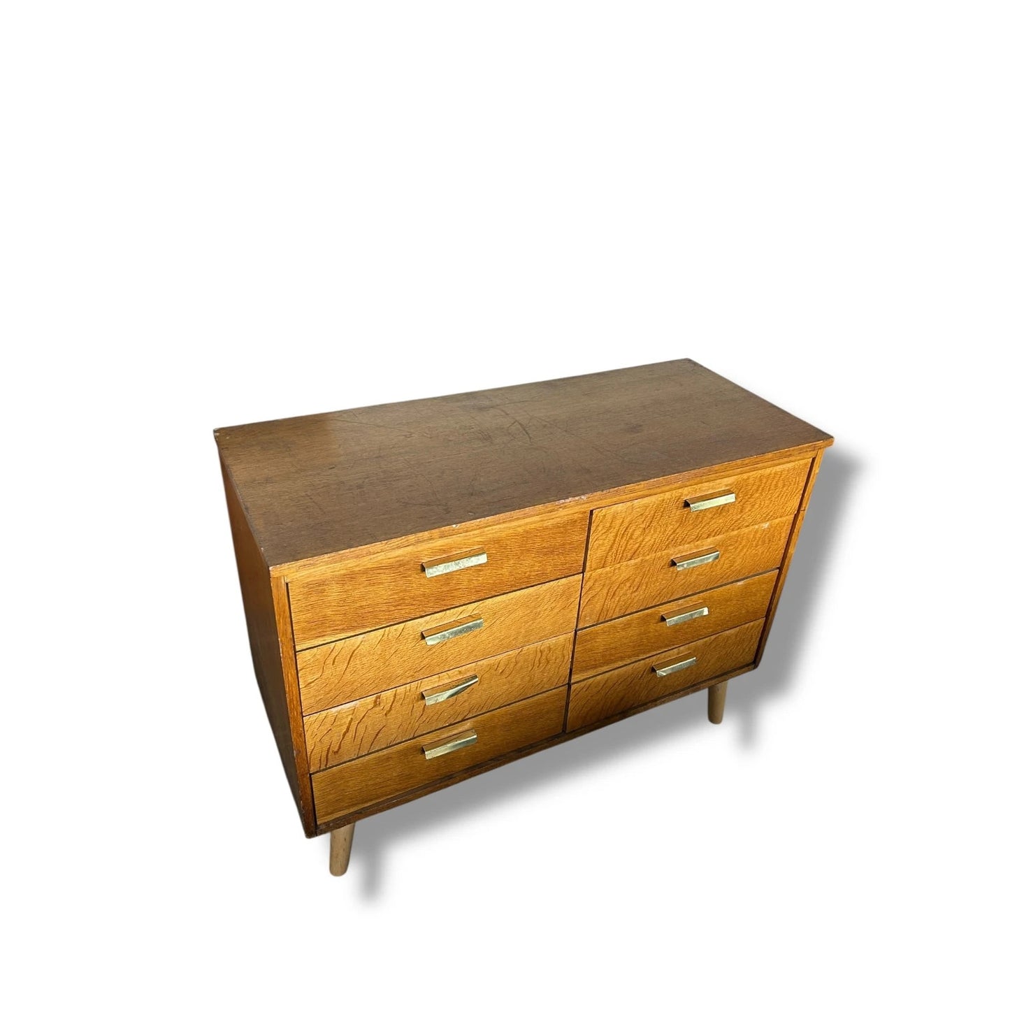 Mid Century Teak and Oak Chest of Drawers – Vintage 1960s Dresser – Brass Handles