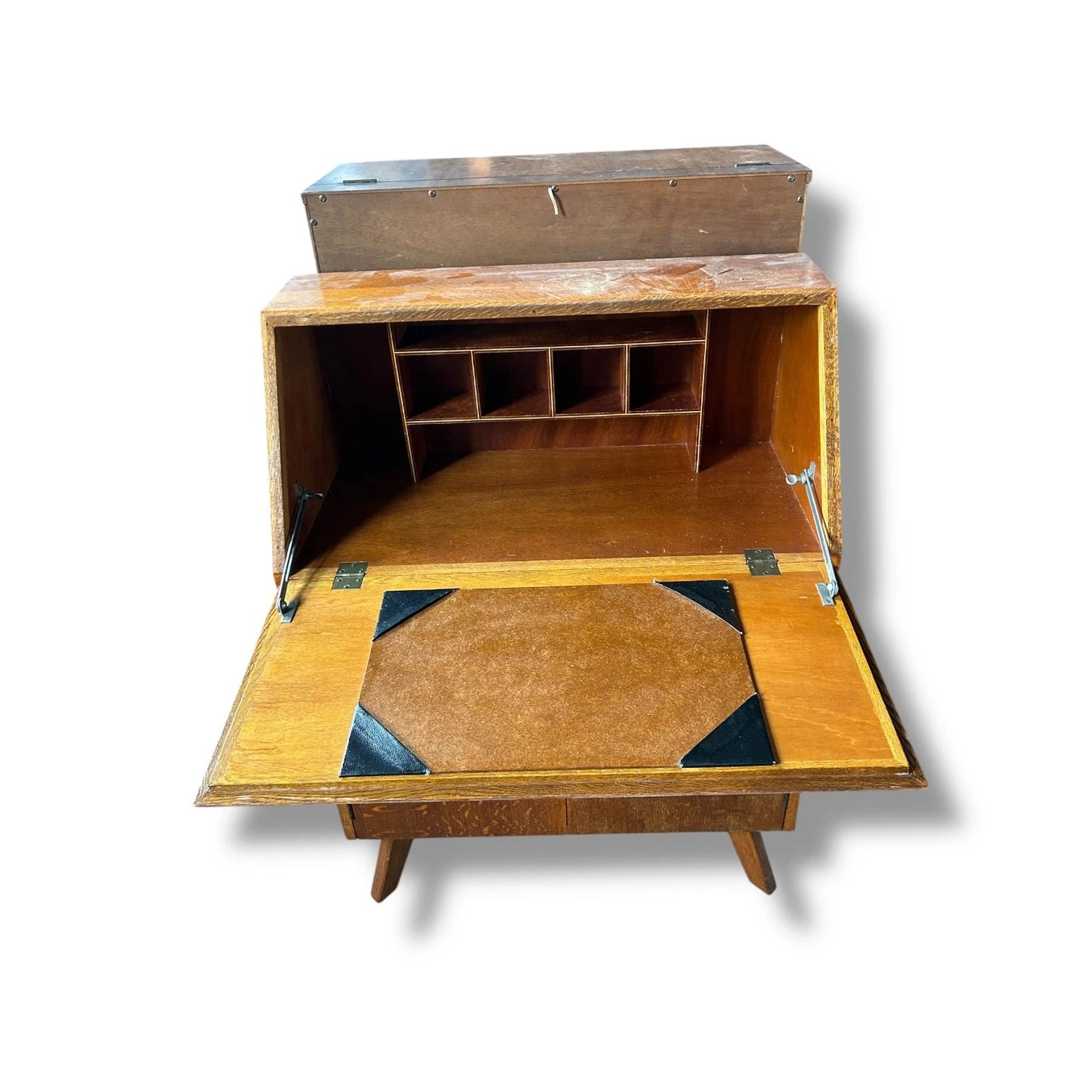 Mid Century Modern Oak Bureau Desk Cabinet | Vintage Drop-Front Writing Desk with Storage Drawers