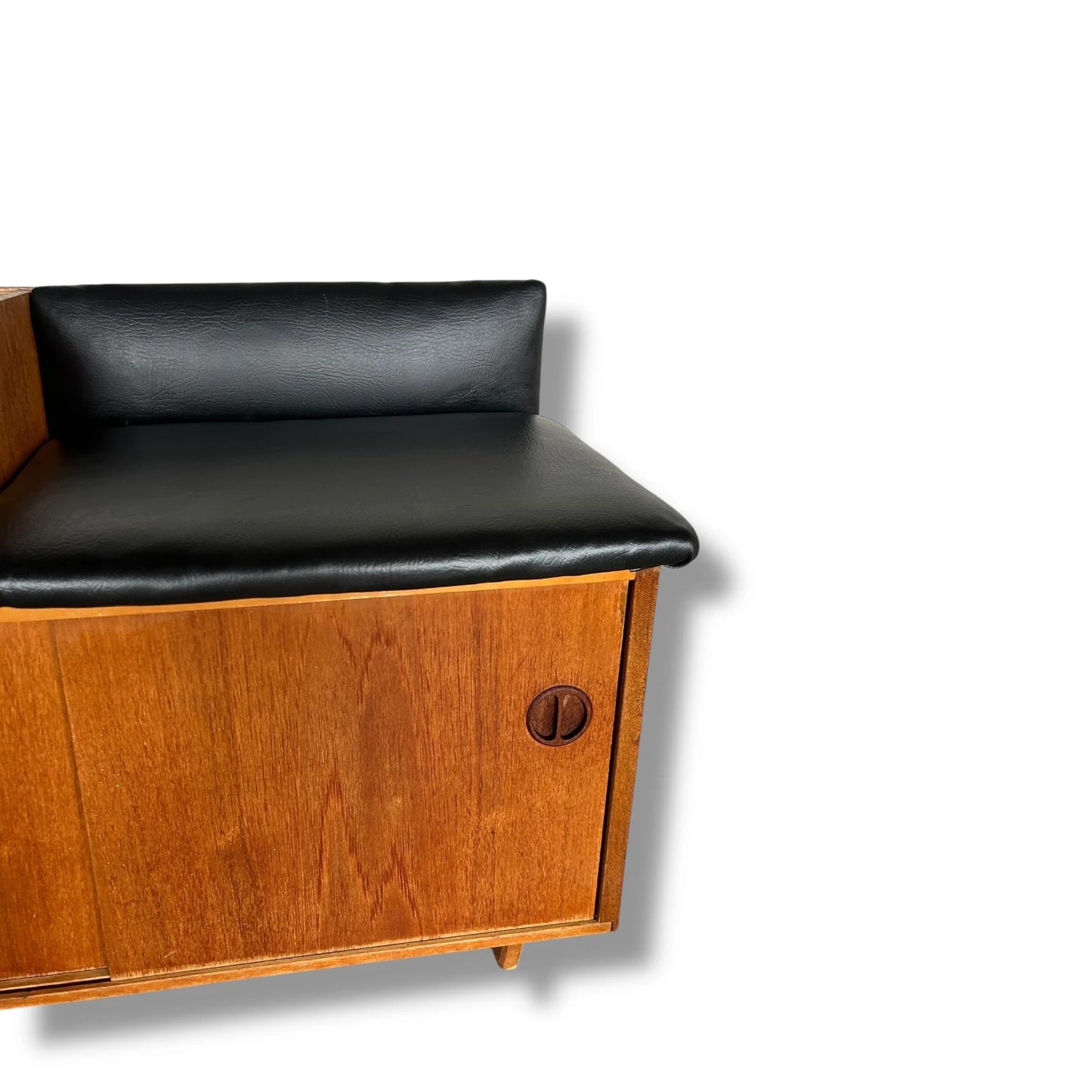 Vintage 1960s Chippy Heath Teak Telephone Table – Mid-Century Modern Hall Seat with Black Vinyl