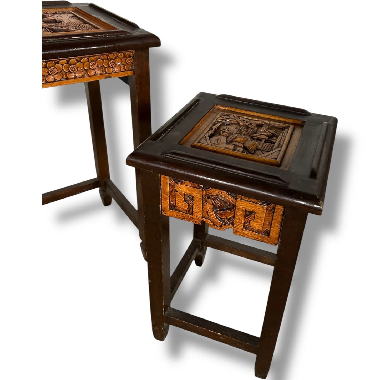 Pair of Vintage Chinese Camphor Wood Bedside Tables – Hand Carved Oriental Nightstands