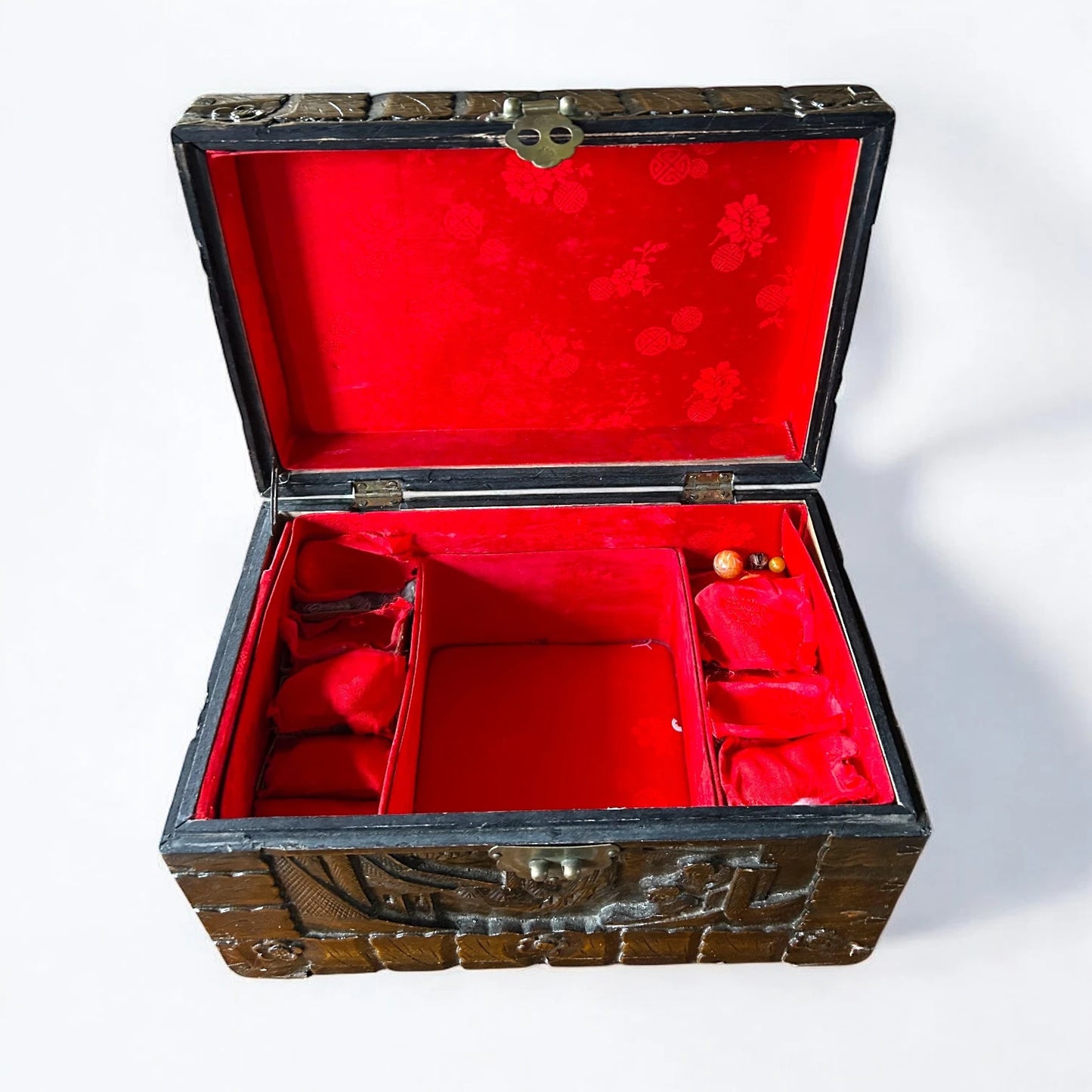 Mid Century Chinese Carved Camphor Wood Sewing Box