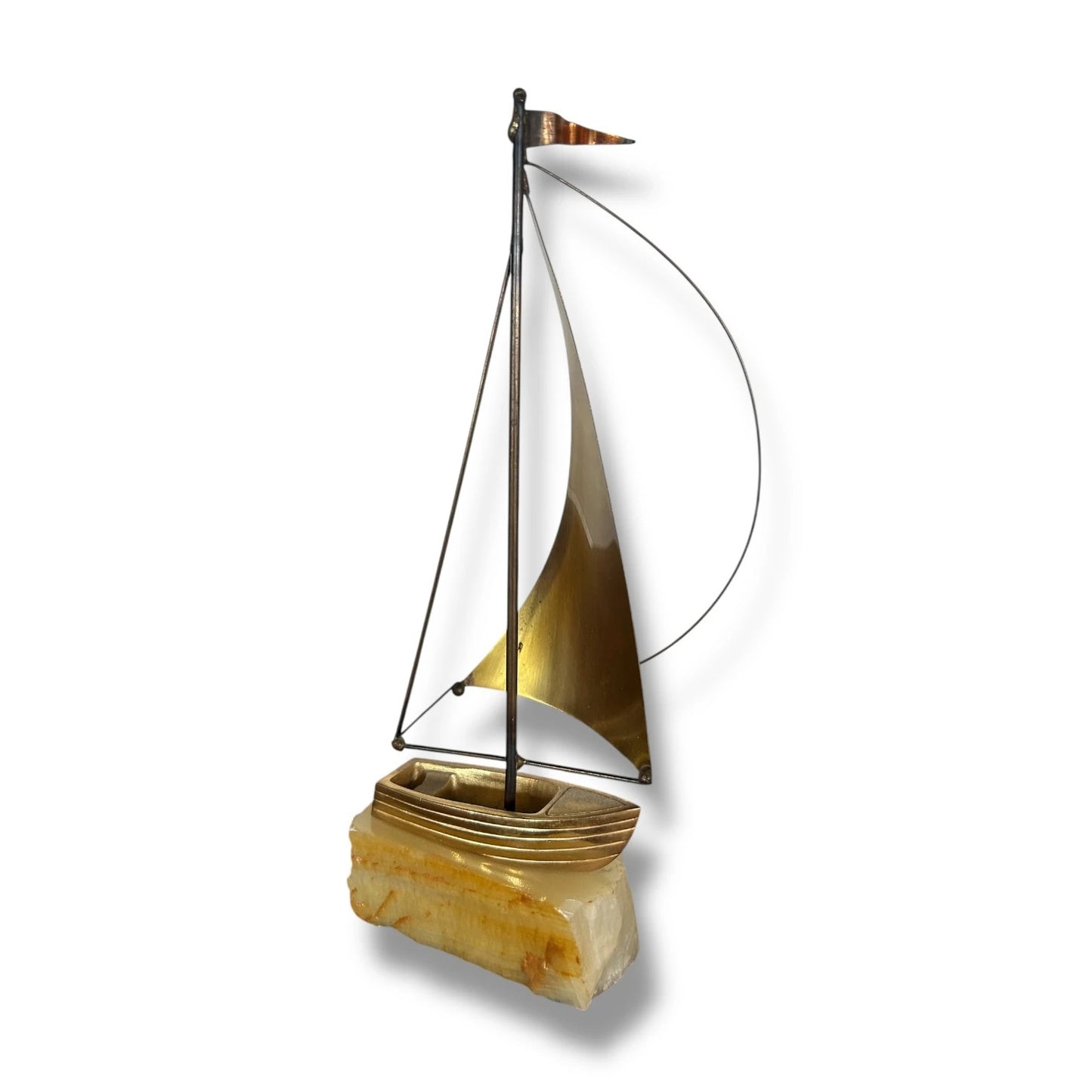 Mid Century Modern Onyx Mounted Brass Boat Sculpture