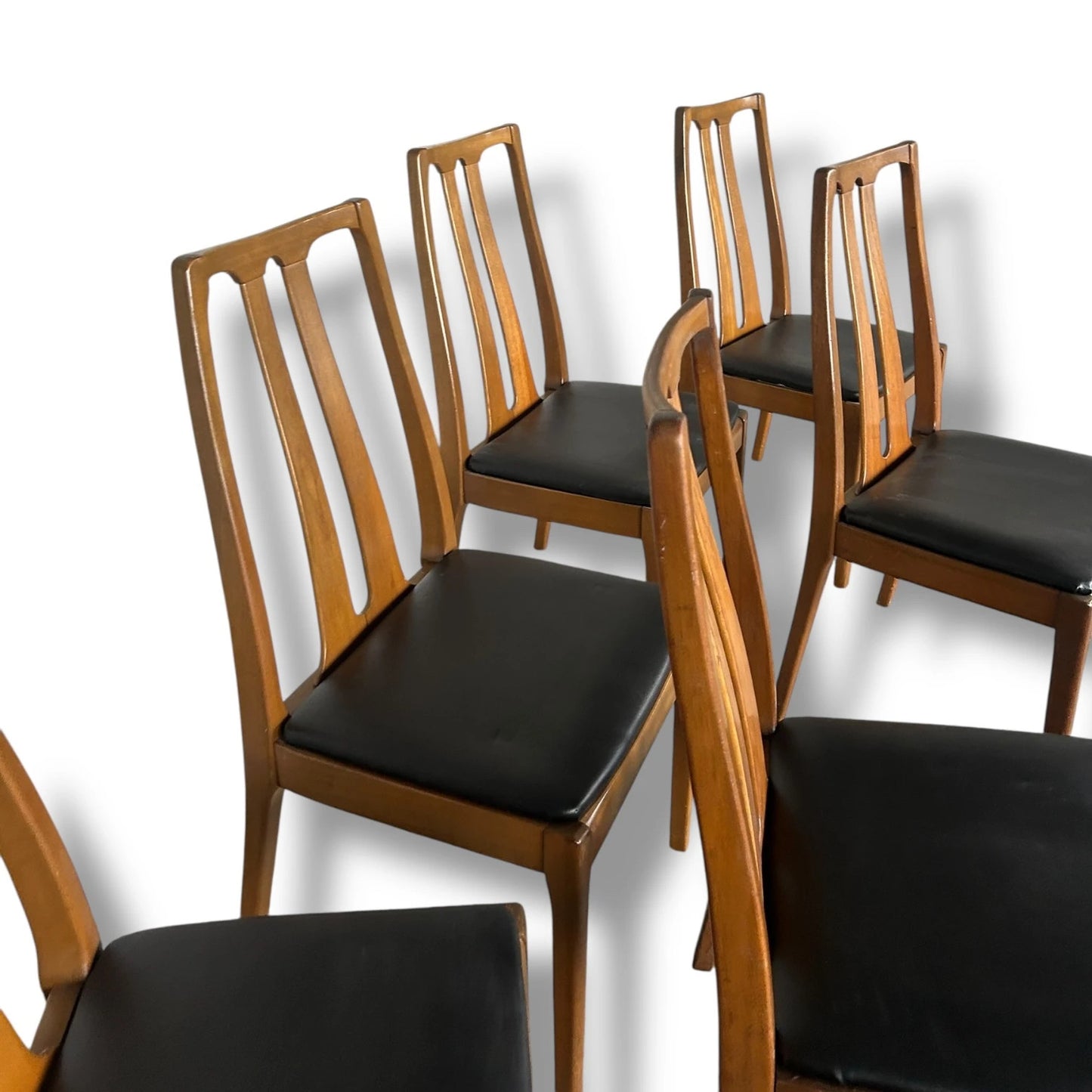 Mid Century Modern Nathan Teak and Black Vinyl Set of Six Dining Chairs