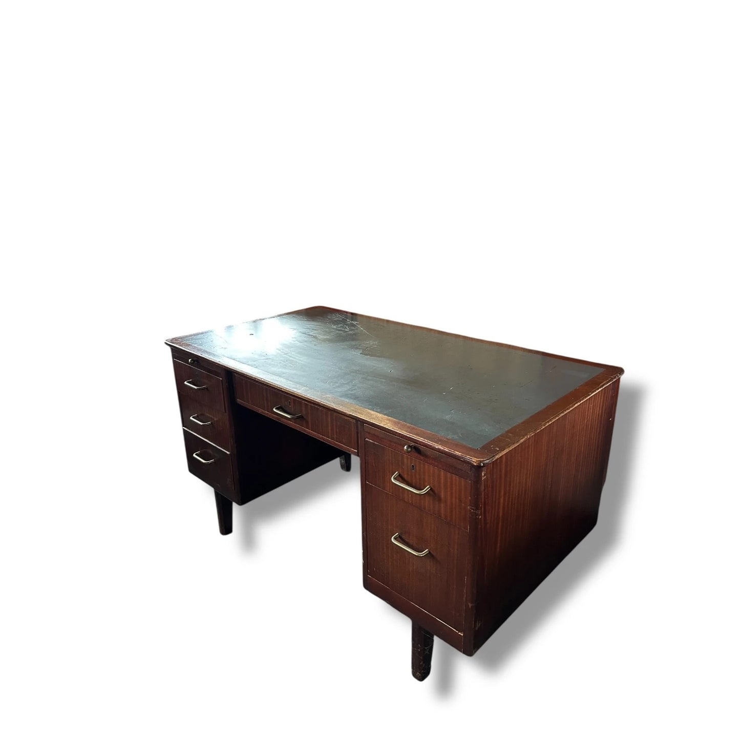 Mid Century Modern Leather-Top Wood Office Desk | Vintage Executive Desk with Sliding Inserts