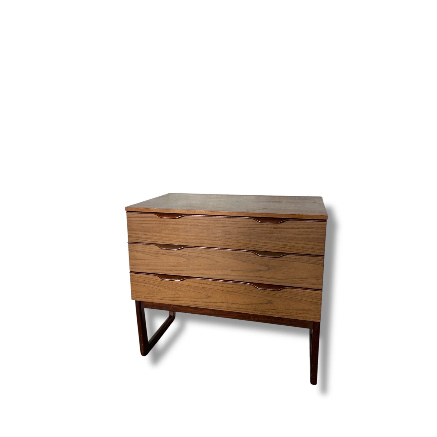 Mid Century Modern Europa Teak Chest of Drawers – 3 Wide Drawers on Sleigh Base