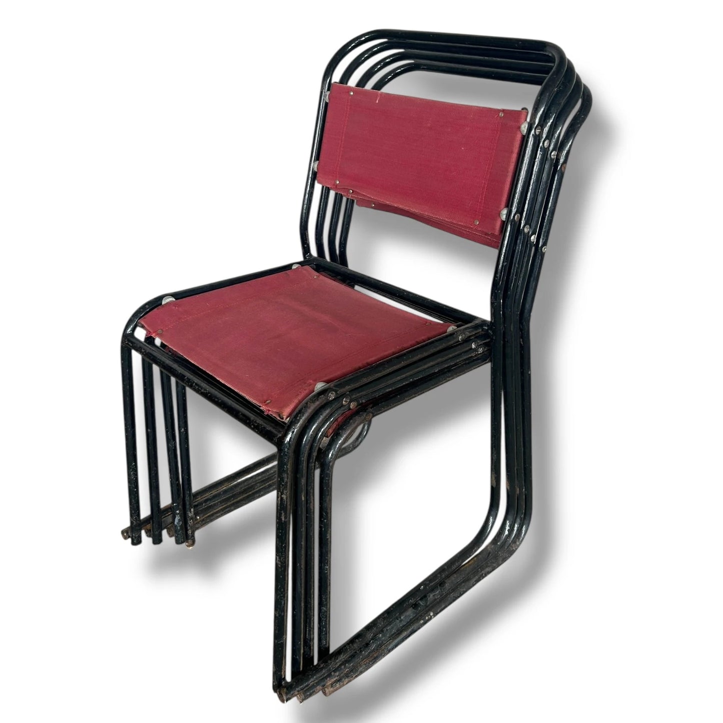 Mid Century Set of Four Pel Tubular Metal Red and Black Dining Chairs