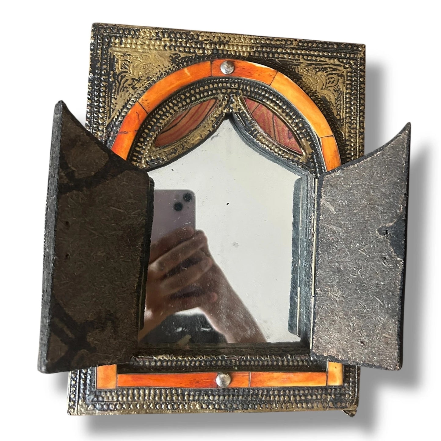 Vintage 1970s Brass and Bone Moroccan Window Mirror