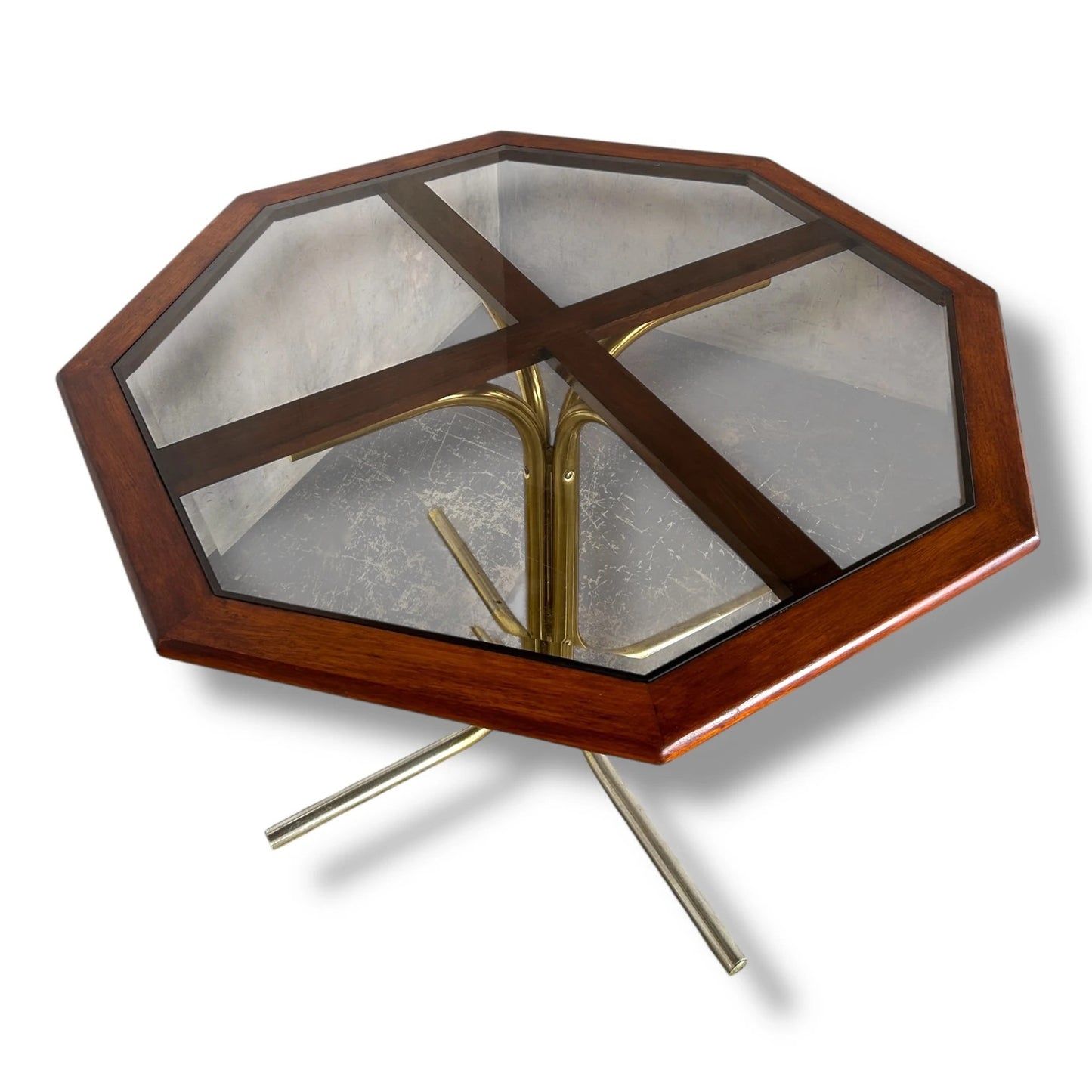 Mid Century Modern Italian Octagonal Smoked Glass Brass and Teak Dining Table