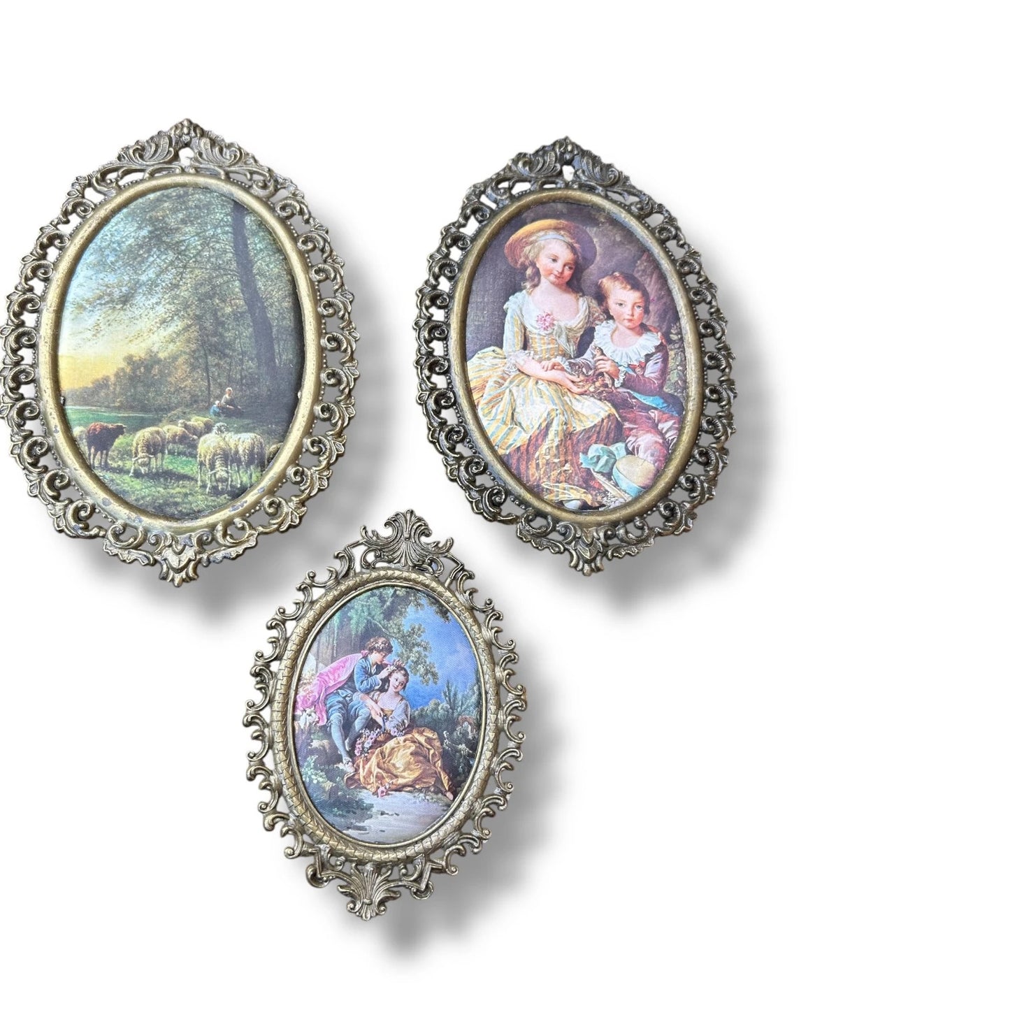 Vintage 1970s Victorian Silk Art Trio in Rococo Gilt Frames | Set of 3 Ornate Silk Textiles