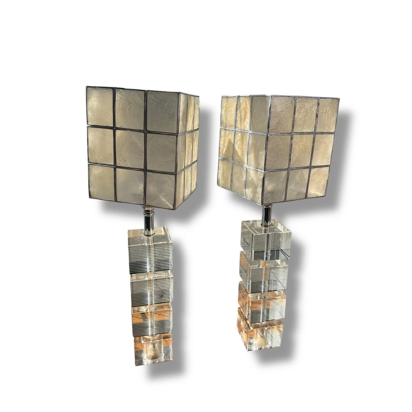 Pair of Mid Century Modern Glass Cube & Chrome Table Lamps